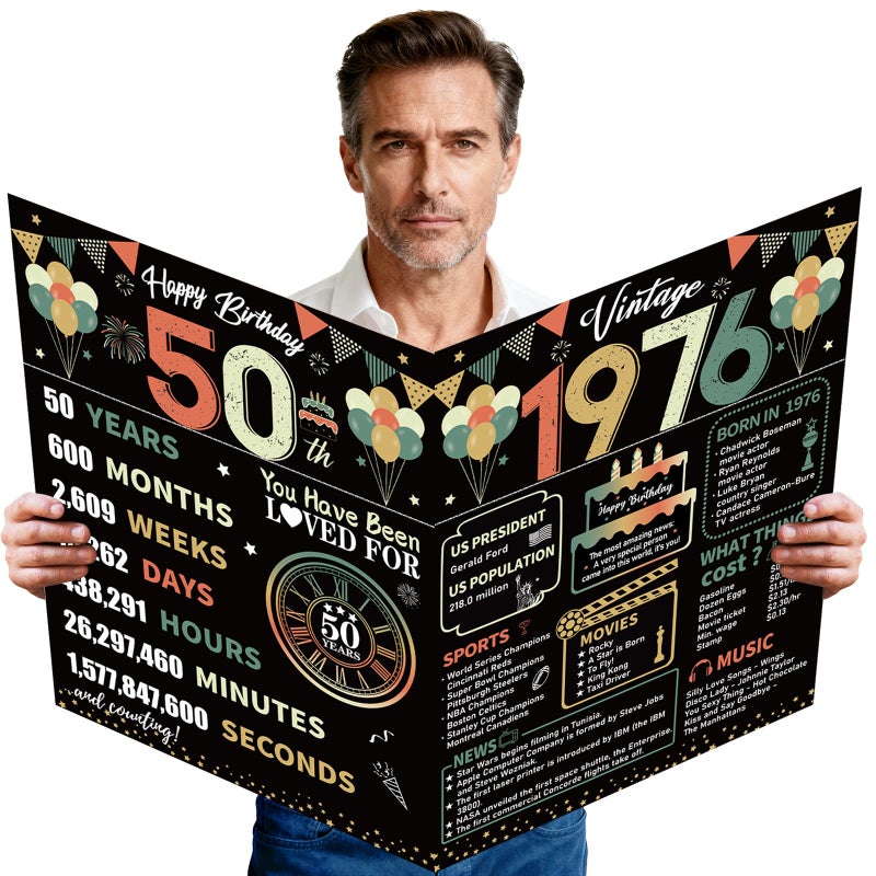 Uiorgui Large 50th Birthday Cards for Men Women, Colorful Vintage 1976 Happy 50th Birthday Greeting Card with Envelope Jumbo 50 Years Old Guest Book Decorations Gifts Party Supplies - Image 1