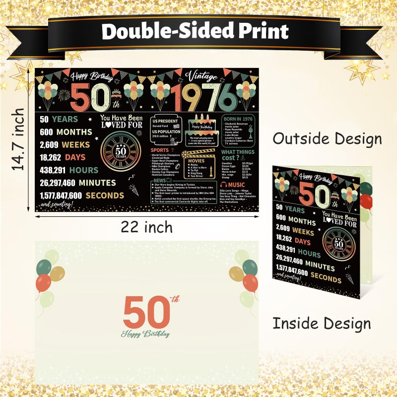 Uiorgui Large 50th Birthday Cards for Men Women, Colorful Vintage 1976 Happy 50th Birthday Greeting Card with Envelope Jumbo 50 Years Old Guest Book Decorations Gifts Party Supplies - Image 2