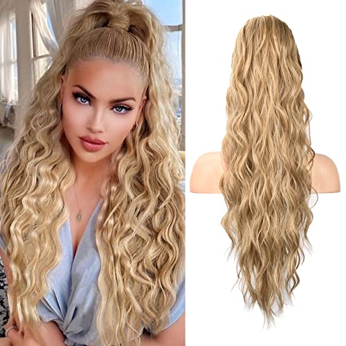 HOOJIH Ponytail Extension Drawstring Ponytail Hair Extensions 26 Inch Long Curly Wavy Ponytail Natural Wavy Synthetic Hairpiece for Women Daily Use  Golden Blonde