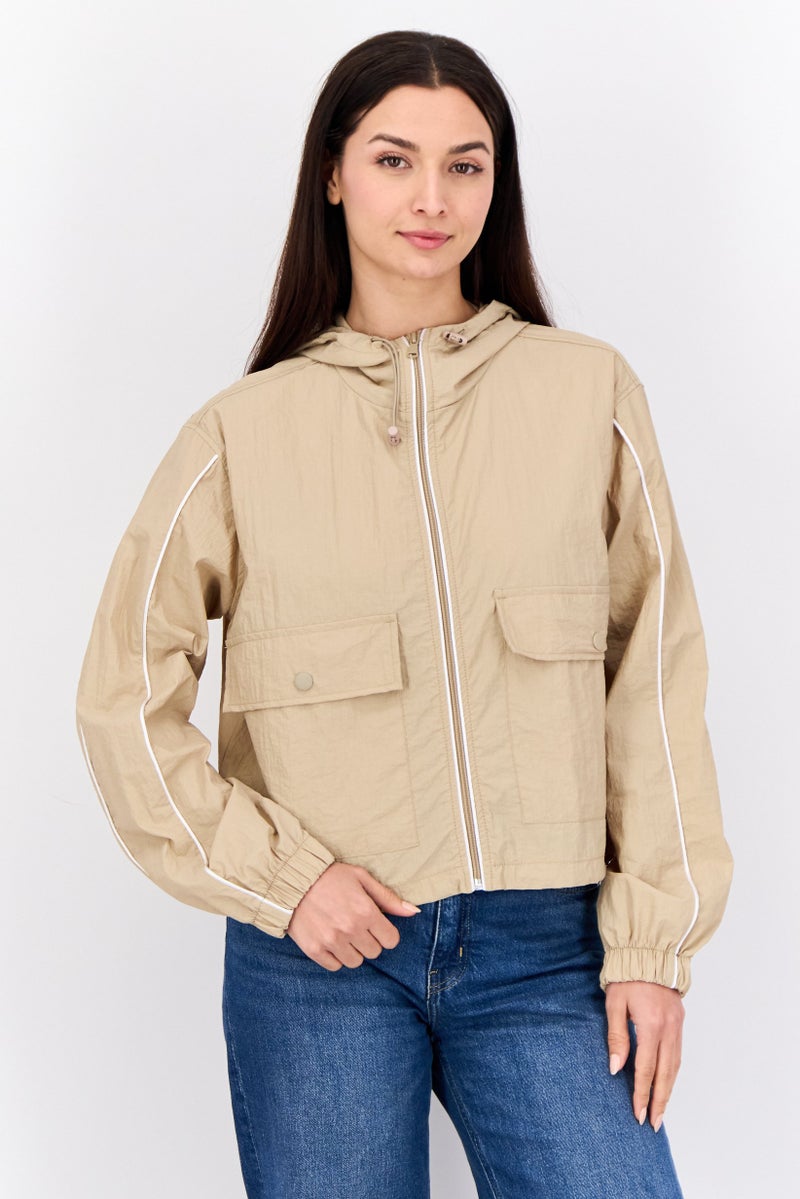 Don't Call Me Jennyfer Women Plain Hooded Windbreaker Jacket, Medium Beige  - Image 1