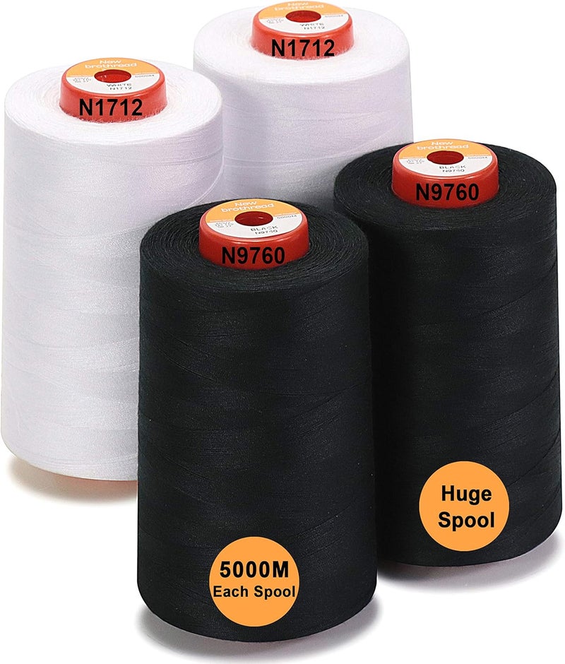 New brothread - 30 Options - 4 Large Cones of 5500Y (5000M) Each All Purpose Spun Polyester Thread 40S/2 (Tex27) for Serger, Overlock, Quilting, Piecing and Sewing - 2 White + 2 Black - Image 1