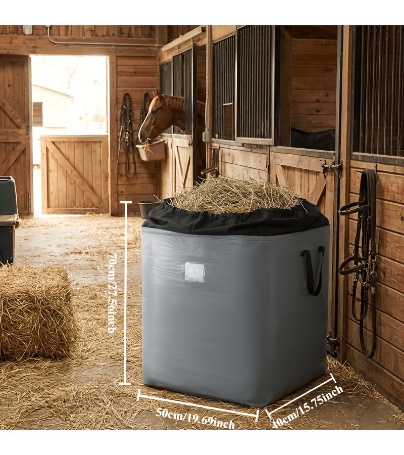 حقيبة تغذية للخيول والأبقار والأغنام بسعة كبيرة باللون الأصفر، مقاس 27.56 × 19.69 × 15.75 بوصة، مزودة بحبل شد لتغذية بطيئة وتخزين ونقل العلف. - Image 2