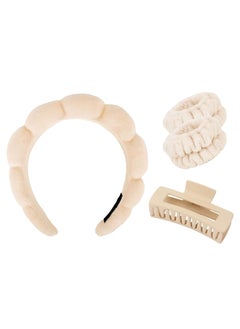 Wecoe Spa Set  Skincare Headband  Wrist Towels for Face Washing Thick Hair Clips Khaki Puffy Sponge Makeup Bubble Headband Scrunchies for Women  Girls