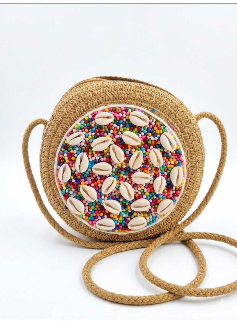 Women's Round Woven Straw Handbag with Colorful Beads and Seashell Decorations - Stylish Summer Beach BagWomen's Round Woven Straw Handbag with Colorful Beads and Seashell Decorations - Stylish Summer Beach Bag - Brown color - Image 1