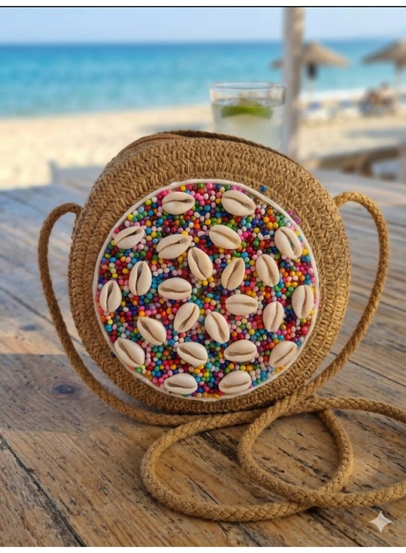 Women's Round Woven Straw Handbag with Colorful Beads and Seashell Decorations - Stylish Summer Beach BagWomen's Round Woven Straw Handbag with Colorful Beads and Seashell Decorations - Stylish Summer Beach Bag - Brown color - Image 2