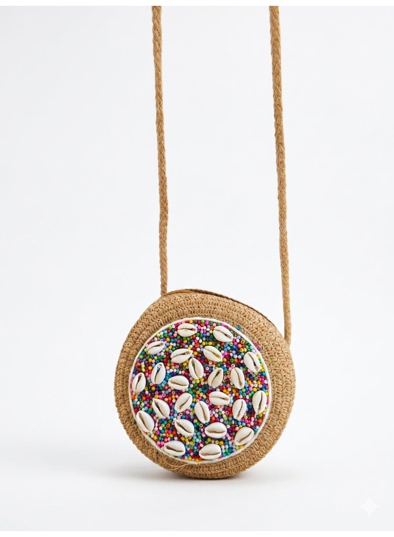 Women's Round Woven Straw Handbag with Colorful Beads and Seashell Decorations - Stylish Summer Beach BagWomen's Round Woven Straw Handbag with Colorful Beads and Seashell Decorations - Stylish Summer Beach Bag - Brown color - Image 3