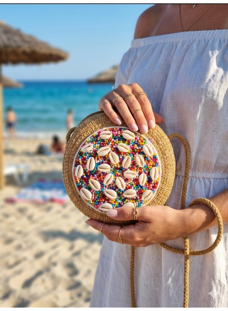 Women's Round Woven Straw Handbag with Colorful Beads and Seashell Decorations - Stylish Summer Beach BagWomen's Round Woven Straw Handbag with Colorful Beads and Seashell Decorations - Stylish Summer Beach Bag - Brown color - Image 4