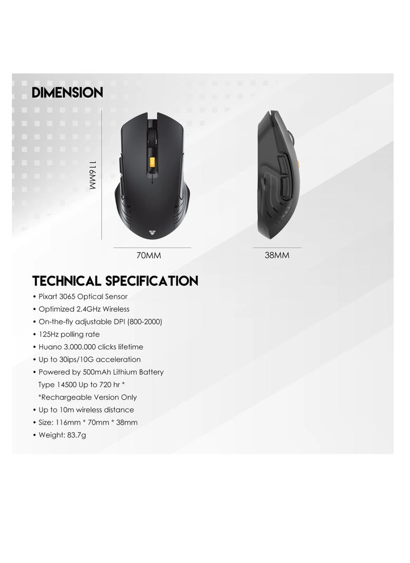 Fantech WG12R Rechargeable Wireless Gaming Mouse, 2.4GHz Wireless Connector, Adjustable 800-1200 DPI, Up to 30 IPS/10g Acceleration, 125Hz Polling Rate, 3M Clicks Lifetime Gaming Mice
