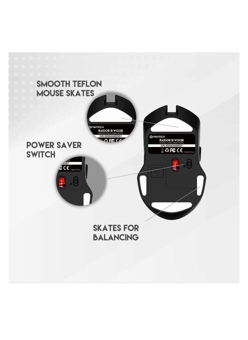 Fantech WG12R Rechargeable Wireless Gaming Mouse, 2.4GHz Wireless Connector, Adjustable 800-1200 DPI, Up to 30 IPS/10g Acceleration, 125Hz Polling Rate, 3M Clicks Lifetime Gaming Mice
