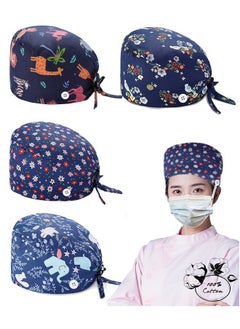 Ailily 4 Pack Nurse Hat, with Buttons and Sweatband, Cotton Printed Adjustable Bouffant Tie Back Hats for Women and Men，Head Covers,Shower Caps, Nurse hat with buttons  - Image 1