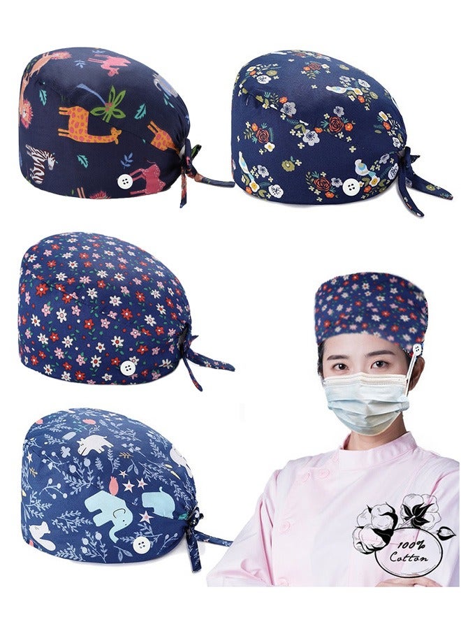 Ailily 4 Pack Nurse Hat, with Buttons and Sweatband, Cotton Printed Adjustable Bouffant Tie Back Hats for Women and Men，Head Covers,Shower Caps, Nurse hat with buttons  - Image 1