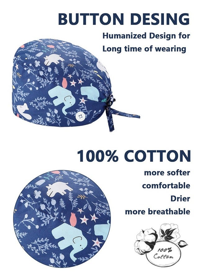 Ailily 4 Pack Nurse Hat, with Buttons and Sweatband, Cotton Printed Adjustable Bouffant Tie Back Hats for Women and Men，Head Covers,Shower Caps, Nurse hat with buttons  - Image 2