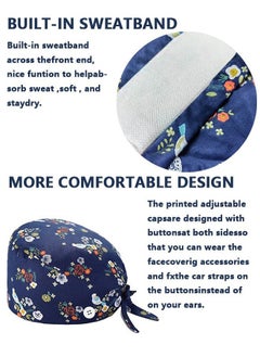 Ailily 4 Pack Nurse Hat, with Buttons and Sweatband, Cotton Printed Adjustable Bouffant Tie Back Hats for Women and Men，Head Covers,Shower Caps, Nurse hat with buttons  - Image 3
