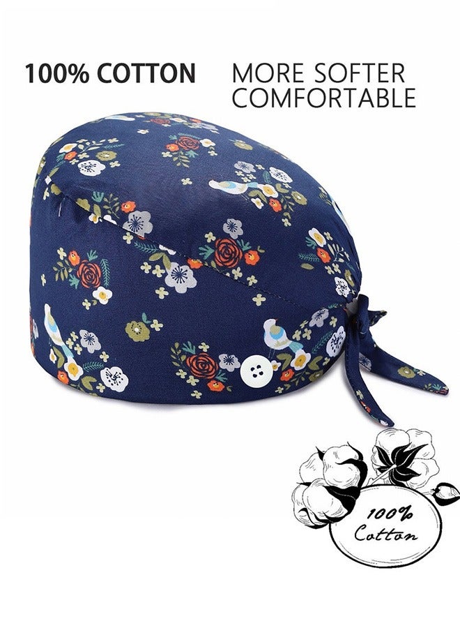 Ailily 4 Pack Nurse Hat, with Buttons and Sweatband, Cotton Printed Adjustable Bouffant Tie Back Hats for Women and Men，Head Covers,Shower Caps, Nurse hat with buttons  - Image 4