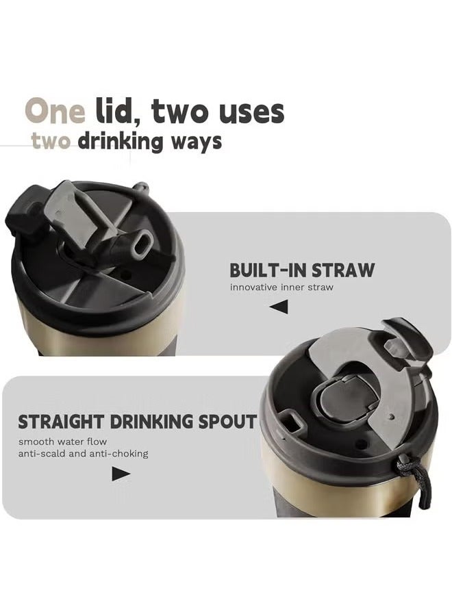 Hihonor 500 ML Travel Coffee Mug Tumbler with Lid and Straw, Insulated Leak Proof Thermos with Flip Lid, Stainless Steel Vacuum Cup for Hot and Cold Drinks, Black - Image 2