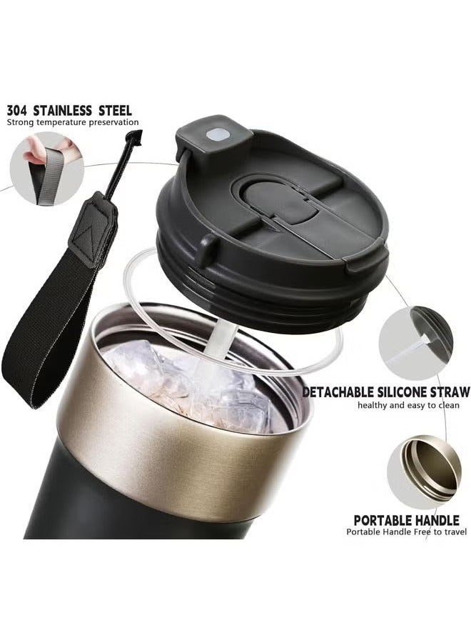 Hihonor 500 ML Travel Coffee Mug Tumbler with Lid and Straw, Insulated Leak Proof Thermos with Flip Lid, Stainless Steel Vacuum Cup for Hot and Cold Drinks, Black - Image 3