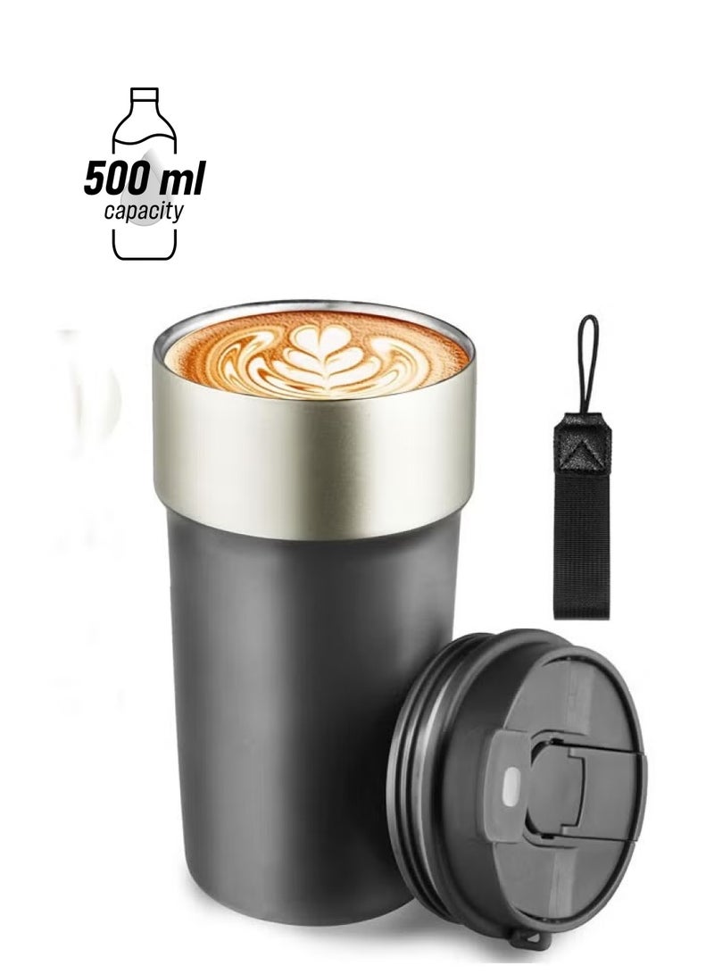 Hihonor 500 ML Travel Coffee Mug Tumbler with Lid and Straw, Insulated Leak Proof Thermos with Flip Lid, Stainless Steel Vacuum Cup for Hot and Cold Drinks, Black - Image 1