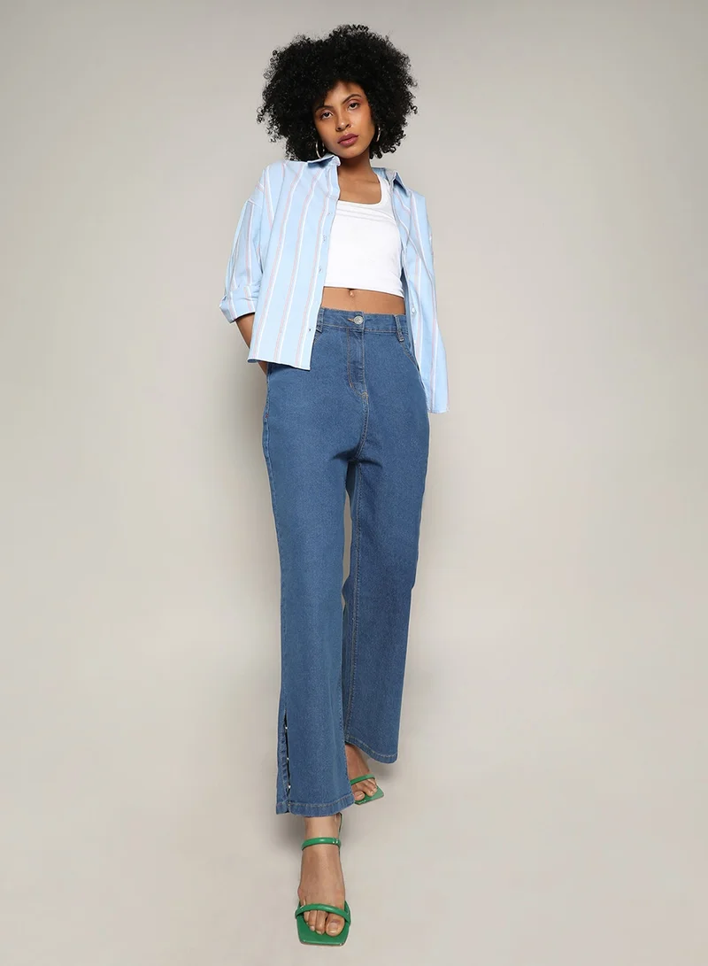 Pinacolada  Women's Baby Blue Contrast Striped Boxy Shirt For Casual Wear | Spread Collar | Regular Sleeves | Button Closure | Shirt Crafted With Comfort Fit For Everyday Wear for Women | Best Price UAE