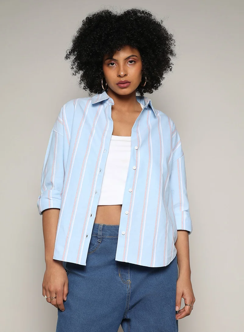 كامبوس سوترا Women's Baby Blue Contrast Striped Boxy Shirt For Casual Wear | Spread Collar | Regular Sleeves | Button Closure | Shirt Crafted With Comfort Fit For Everyday Wear