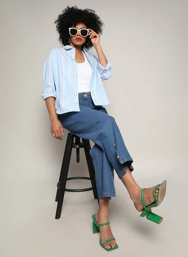 Pinacolada  Women's Baby Blue Contrast Striped Boxy Shirt For Casual Wear | Spread Collar | Regular Sleeves | Button Closure | Shirt Crafted With Comfort Fit For Everyday Wear for Women | Best Price UAE
