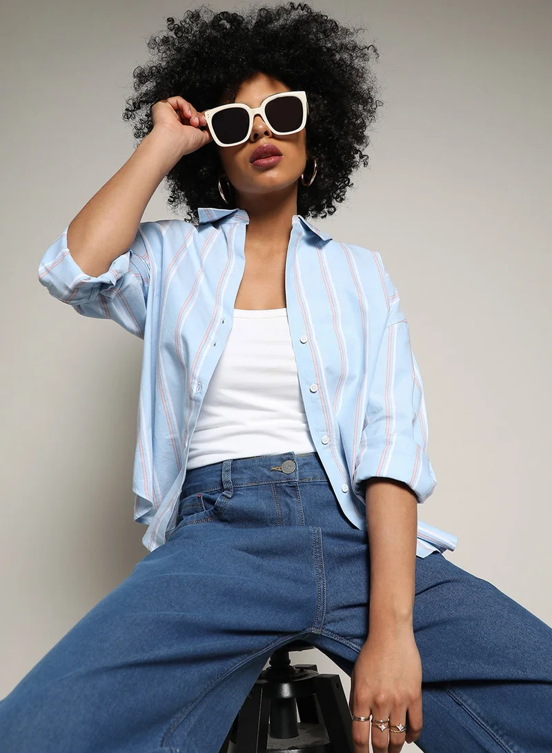 كامبوس سوترا Women's Baby Blue Contrast Striped Boxy Shirt For Casual Wear | Spread Collar | Regular Sleeves | Button Closure | Shirt Crafted With Comfort Fit For Everyday Wear