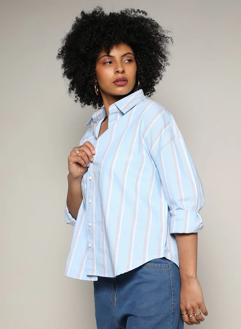 Pinacolada  Women's Baby Blue Contrast Striped Boxy Shirt For Casual Wear | Spread Collar | Regular Sleeves | Button Closure | Shirt Crafted With Comfort Fit For Everyday Wear for Women | Best Price UAE