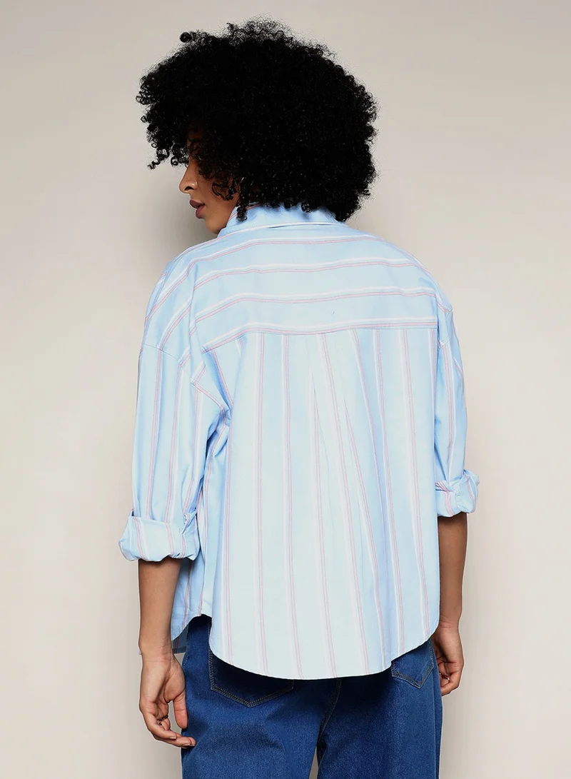 Pinacolada  Women's Baby Blue Contrast Striped Boxy Shirt For Casual Wear | Spread Collar | Regular Sleeves | Button Closure | Shirt Crafted With Comfort Fit For Everyday Wear for Women | Best Price UAE