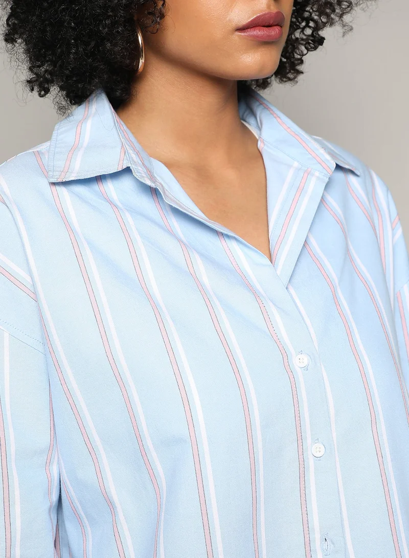 Pinacolada  Women's Baby Blue Contrast Striped Boxy Shirt For Casual Wear | Spread Collar | Regular Sleeves | Button Closure | Shirt Crafted With Comfort Fit For Everyday Wear for Women | Best Price UAE