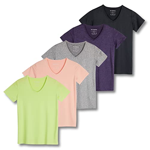 REALESSENTIALS Real Essentials 5 Pack: Women's Dry Fit Short Sleeve V Neck Workout Top - Fitness Pilates Gym Athletic Yoga T-Shirt (Plus Available), Set 11, XL - Image 1