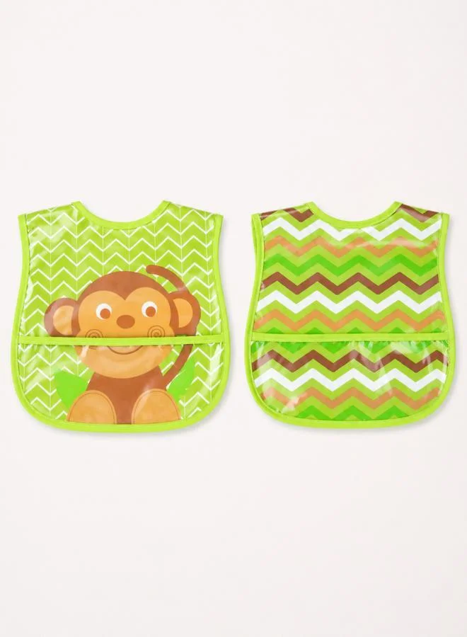 Mothers Choice Green Monkey Waterproof Baby Bibs - 2-Pack PEVA Feeding Set