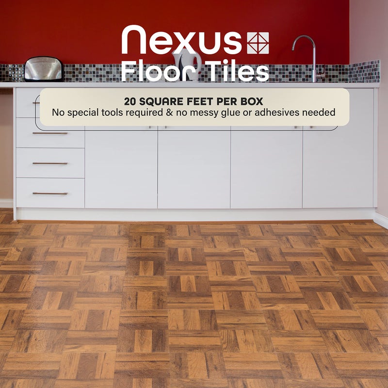 Achim Nexus Self Adhesive 12-Inch Vinyl Floor Tiles, 20 Tiles - 12" x 12", 3 Finger Medium Oak Parquet Pattern - Peel & Stick, DIY Flooring for Kitchen, Dining Room, Bedrooms & Bathrooms by Achim Home DÃ©cor - Image 2
