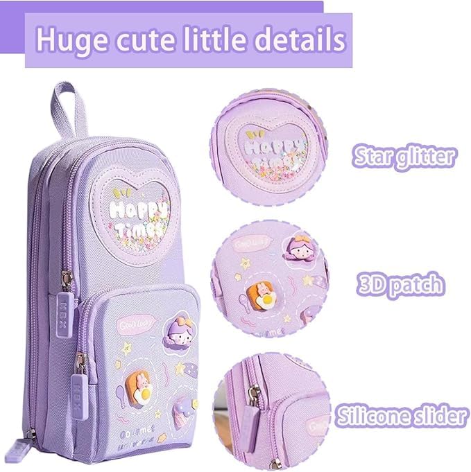 ZIVIK Premium Pencil Case for Girls | 3 Compartment Large Capacity Pencil Pouch | Cute Aesthetic Stationery Organizer with Hanging Loop | Multi-Layer Pen Bag for School Kids (Purple) - Image 3
