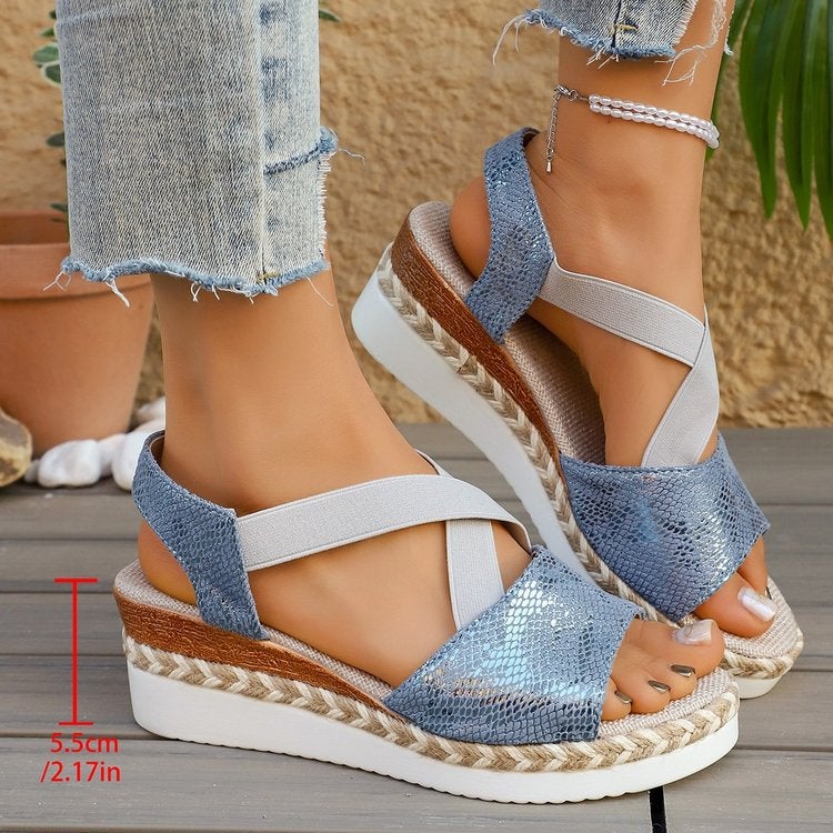 Women's Wedge Sandals with Metal Buckle and Rope Heel, Peep Toe, Plus Size - Image 3