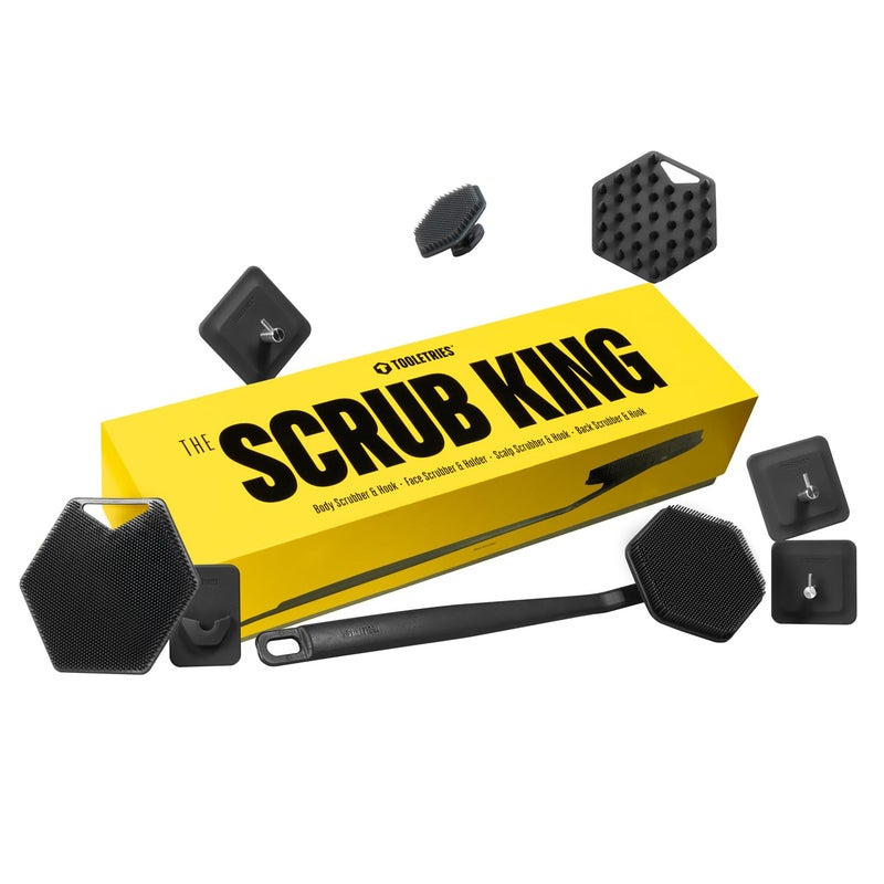 TOOLETRIES توولترز - ملك الفرك - مجموعة فرك الجسم والوجه للرجال من السيليكون - فرك الظهر للاستحمام، فرك الجسم، خطافات التخزين، وحامل فرشاة الوجه - ملحقات الاستحمام للرجال - فحم - Image 1