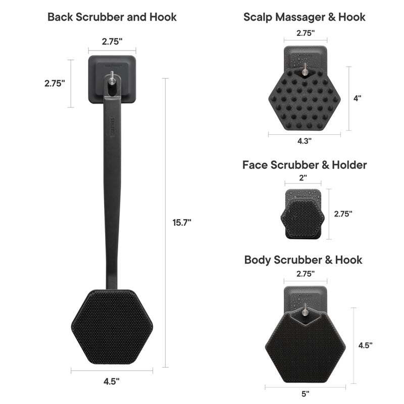 TOOLETRIES توولترز - ملك الفرك - مجموعة فرك الجسم والوجه للرجال من السيليكون - فرك الظهر للاستحمام، فرك الجسم، خطافات التخزين، وحامل فرشاة الوجه - ملحقات الاستحمام للرجال - فحم - Image 5