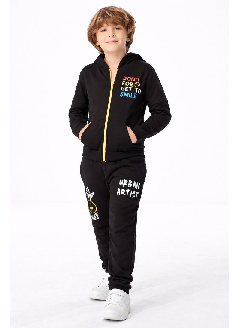 URBASY Kids 100% Cotton, Zip Thru Hooded Jogger Set - BLACK - Image 1
