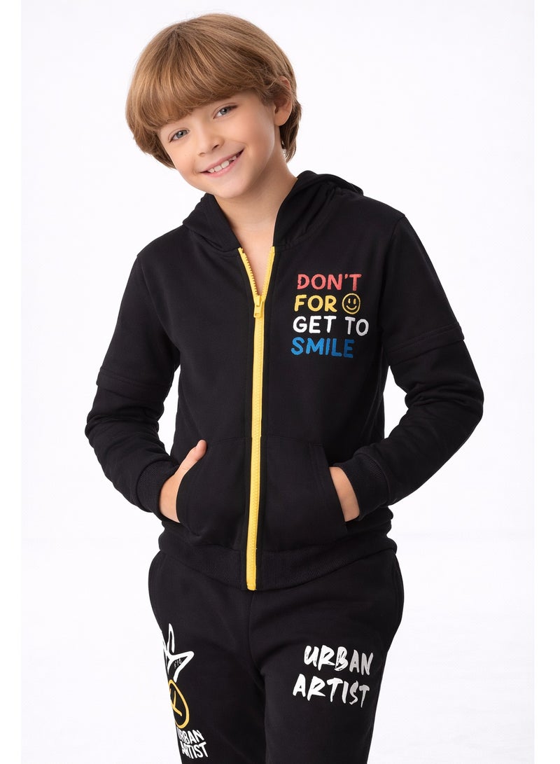 URBASY Kids 100% Cotton, Zip Thru Hooded Jogger Set - BLACK - Image 4