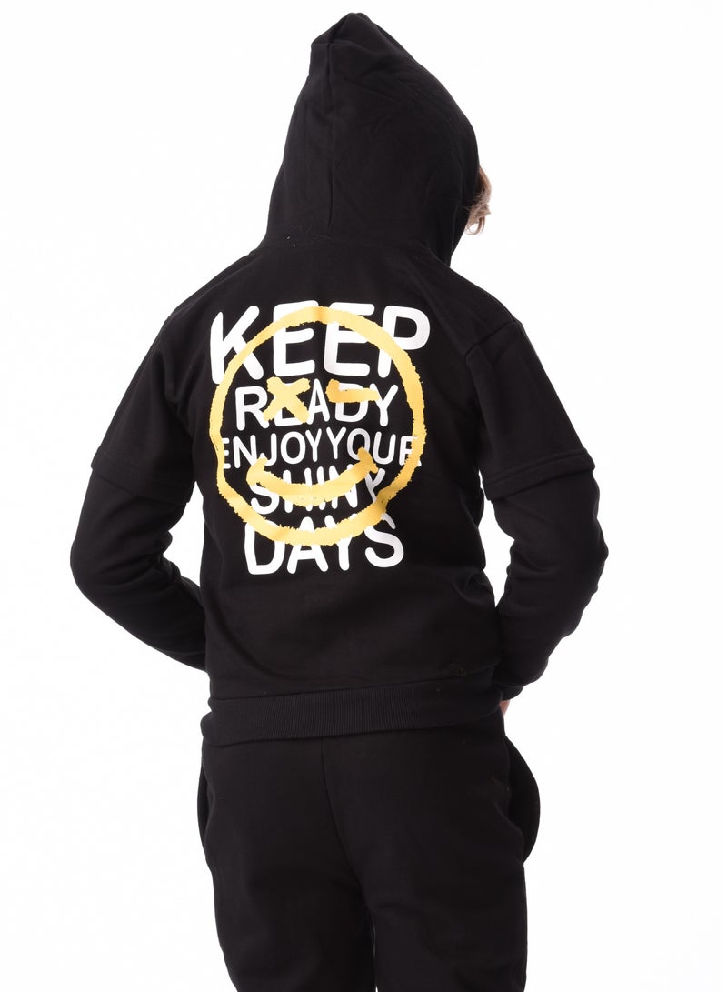 URBASY Kids 100% Cotton, Zip Thru Hooded Jogger Set - BLACK - Image 3