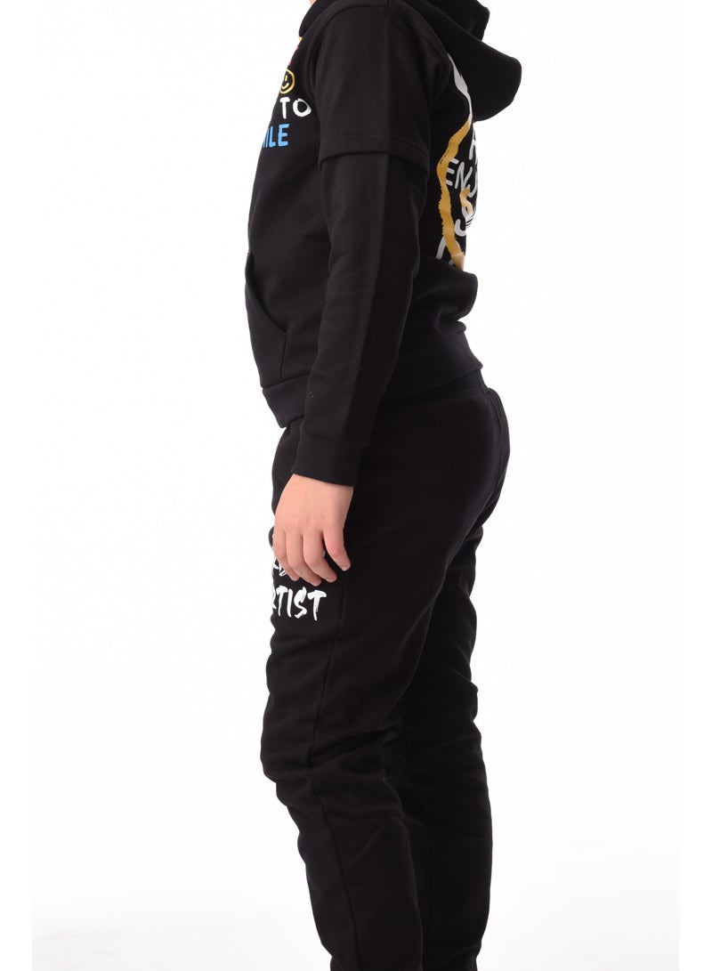 URBASY Kids 100% Cotton, Zip Thru Hooded Jogger Set - BLACK - Image 5