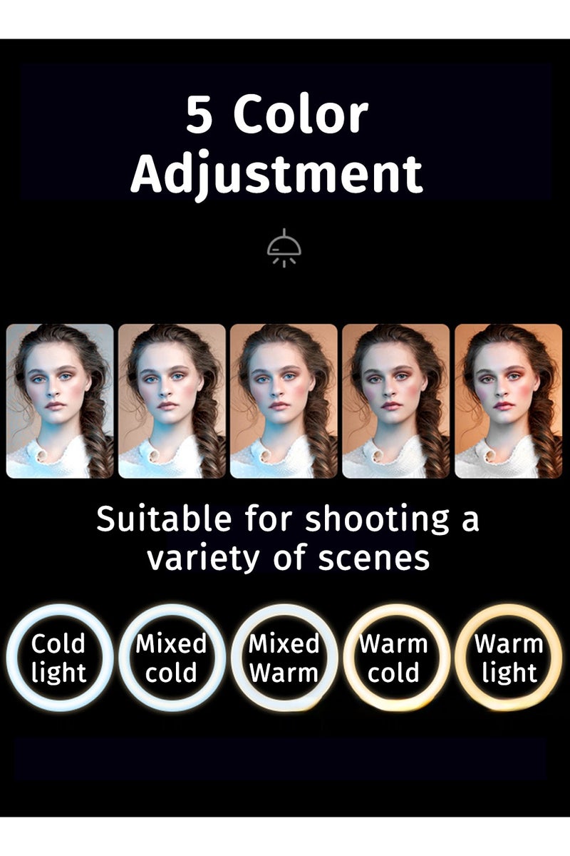 ليوكور مجموعة إضاءة فيديو LED مقاس 9 بوصات، إضاءة تصوير فوتوغرافي 12 واط 1455 لوكس مع حامل وحامل هاتف، إضاءة حلقية مع 5 درجات حرارة لونية وضبط زاوية 180 درجة لتسجيل الفيديو وبث الألعاب والبث المباشر - Image 3