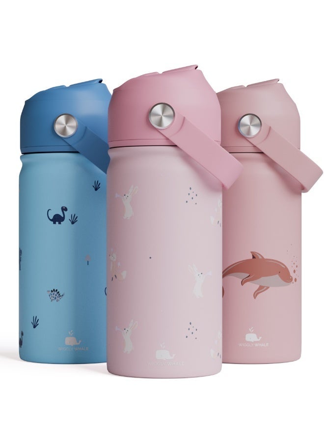 WIGGLYWHALE Stainless Steel Water Bottle for Kids School - Leak Proof Kids Water Bottle - 350ML (12oz) BPA-Free Kids Water Bottle with Straw, Double Wall Insulated for Hot & Cold
