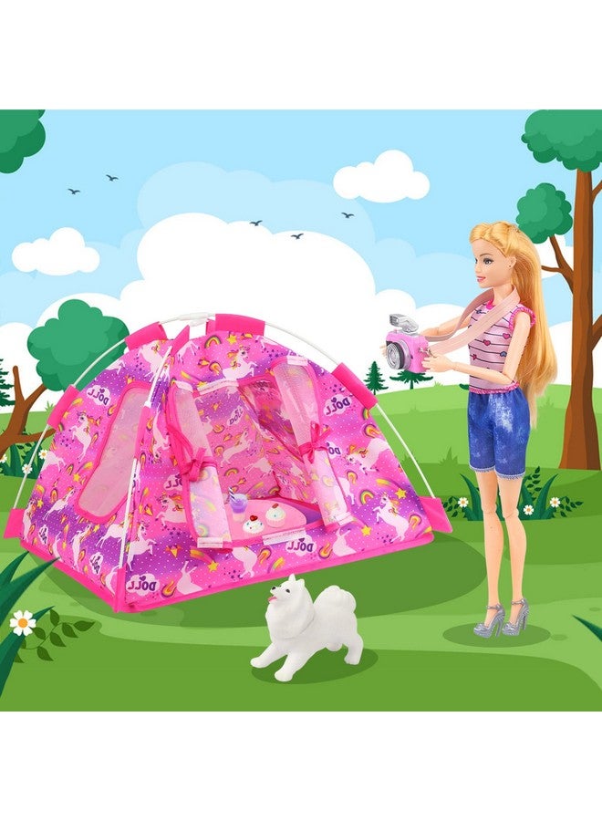 Ecore Fun 15 Pcs Doll Camping And Accessories Set For 11.5 Inch Girl Doll Includes Doll Tent Clothes Chair Camera Drink Cupcake Donut Telescope Toy Dog Bag - Image 5