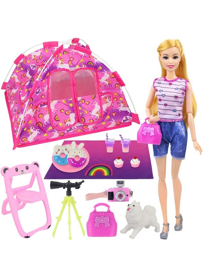 Ecore Fun 15 Pcs Doll Camping And Accessories Set For 11.5 Inch Girl Doll Includes Doll Tent Clothes Chair Camera Drink Cupcake Donut Telescope Toy Dog Bag - Image 1