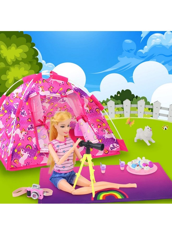 Ecore Fun 15 Pcs Doll Camping And Accessories Set For 11.5 Inch Girl Doll Includes Doll Tent Clothes Chair Camera Drink Cupcake Donut Telescope Toy Dog Bag - Image 4