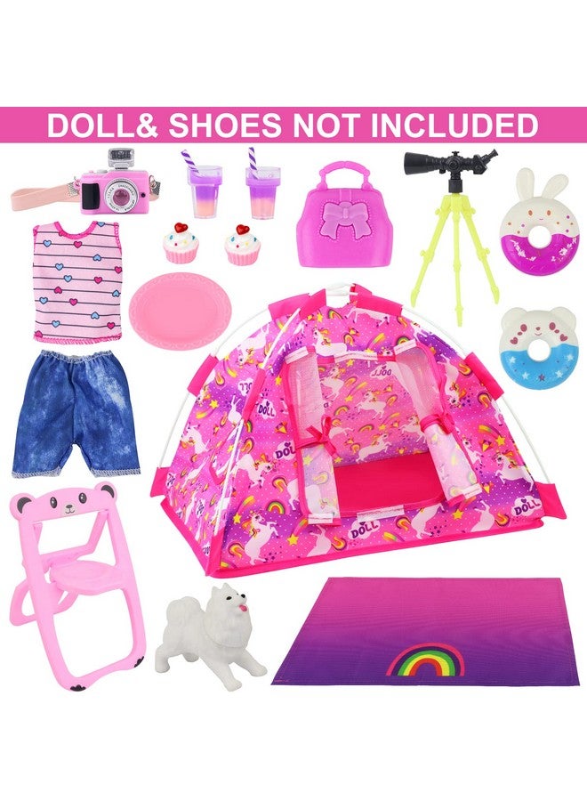 Ecore Fun 15 Pcs Doll Camping And Accessories Set For 11.5 Inch Girl Doll Includes Doll Tent Clothes Chair Camera Drink Cupcake Donut Telescope Toy Dog Bag - Image 3