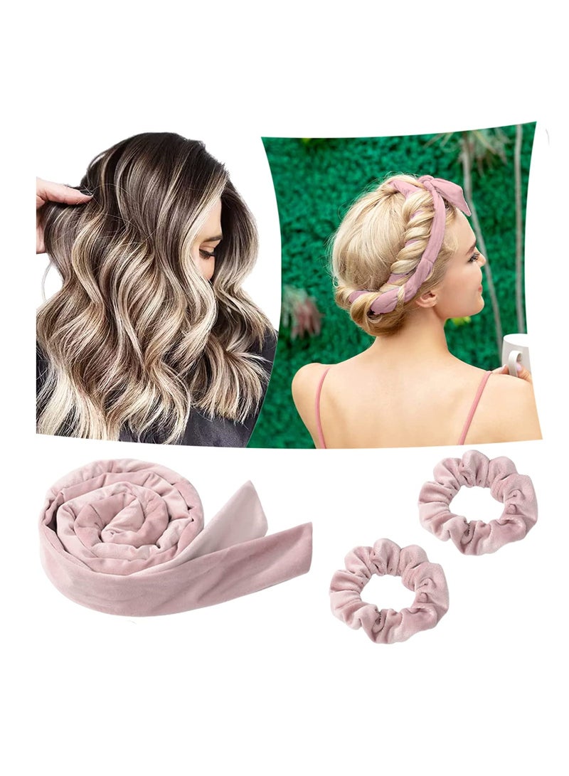 إسكدنيا Heatless Curling Rod Headband, Hair Rollers for Sleeping, 3pcs Hair Curling Headb and Soft Woolen Curling Ribbon with Hair Rope for DIY Hair Styling, Light Pink - Image 3