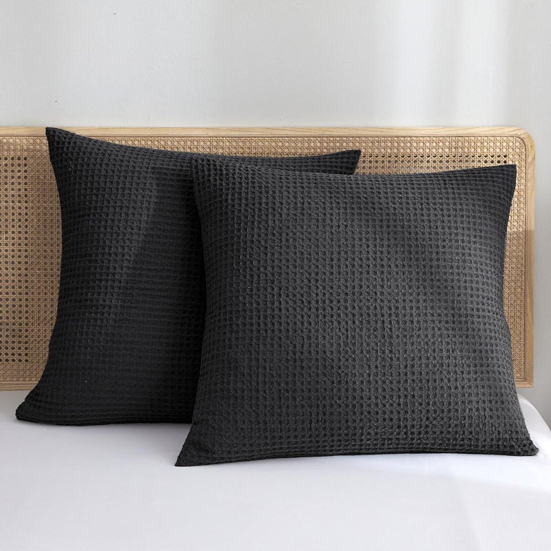 PHF PHF Ultra Soft Waffle Weave Euro Shams Pillow Covers 26"" x 26"" 2 Pack  No Insert  Breathable Skin-Friendly Euro Throw Pillow Covers for Bed Couch Sofa  Black  - Image 1