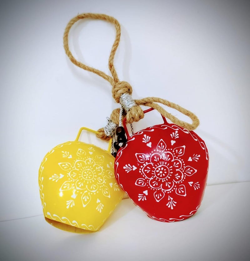 MIRAMAYEE Red Yellow Combo Religious Spiritual Hand Crafted Iron Bells Door Hanging Decorative Bell Cow Bell Decorative Wall Hanging Home Wall Dcor for Luck and Evil Protector 6 Inches - Image 2