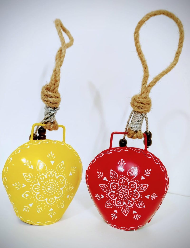 MIRAMAYEE Red Yellow Combo Religious Spiritual Hand Crafted Iron Bells Door Hanging Decorative Bell Cow Bell Decorative Wall Hanging Home Wall Dcor for Luck and Evil Protector 6 Inches - Image 1