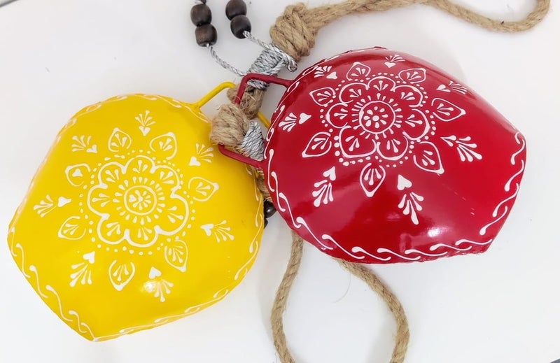MIRAMAYEE Red Yellow Combo Religious Spiritual Hand Crafted Iron Bells Door Hanging Decorative Bell Cow Bell Decorative Wall Hanging Home Wall Dcor for Luck and Evil Protector 6 Inches - Image 3